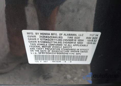 2015 Acura Mdx from USA, damaged, VIN 5FRYD3H2XFB009246